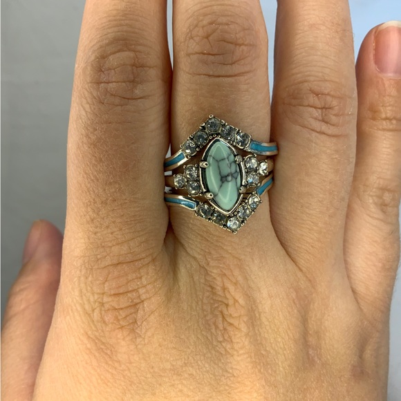 New three in one Turquoise Ring with Mojssanite Silver plated 3 piece ring set - Picture 8 of 8